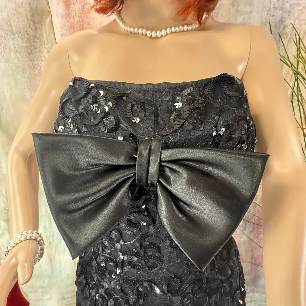 VTG📌 Mike Benet 90s Strapless Sequin Cocktail - Formal Mini Dress with Bow - Picture 3 of 16